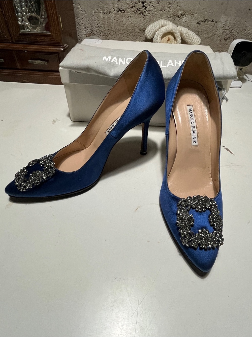 Manolo Blahnik Royal Blue Satin Crystal-Buckle Pumps